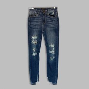 Judy Blue Piper Skinny Fit Jeans Distressed Denim Raw Hem Ankle Blue Wash W 9/29
